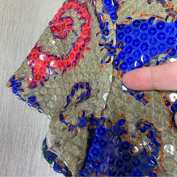 Sequin Shirt Blouse Tan Red Blue Baroque Sz 40 Short Sleeve Crew Party Event Top - Picture 11 of 16